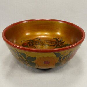 Vintage USSR Russian Folk Art Khokhloma Style Wooden Bowl 6" Hand Painted Floral
